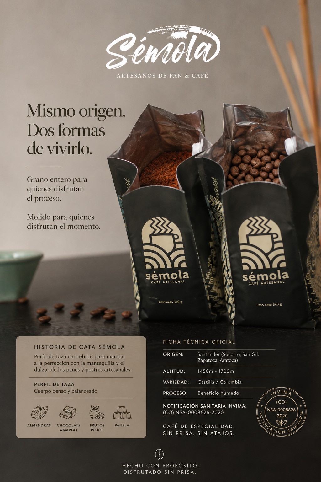 Ficha técnica completa Café Sémola – origen Santander, INVIMA NSA-0008626-2020